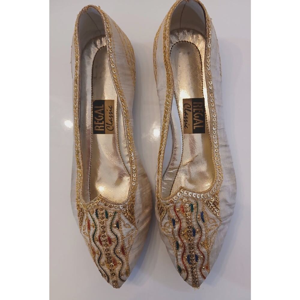 Regal Classic Embroidered Flats Gold Beaded Indian Wedding Shoes Size 7